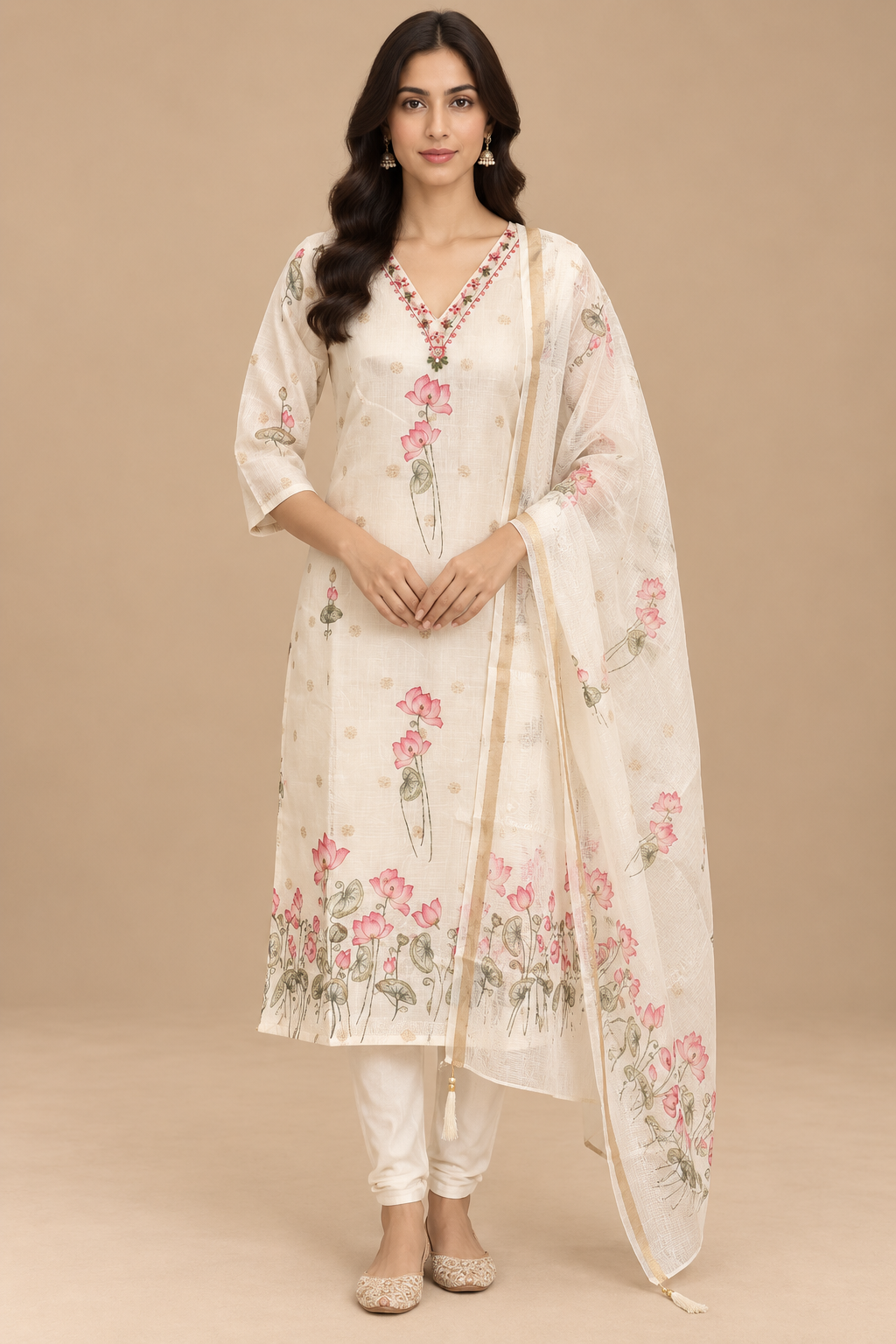 Ivory Floral Printed Kurta Set with Dupatta